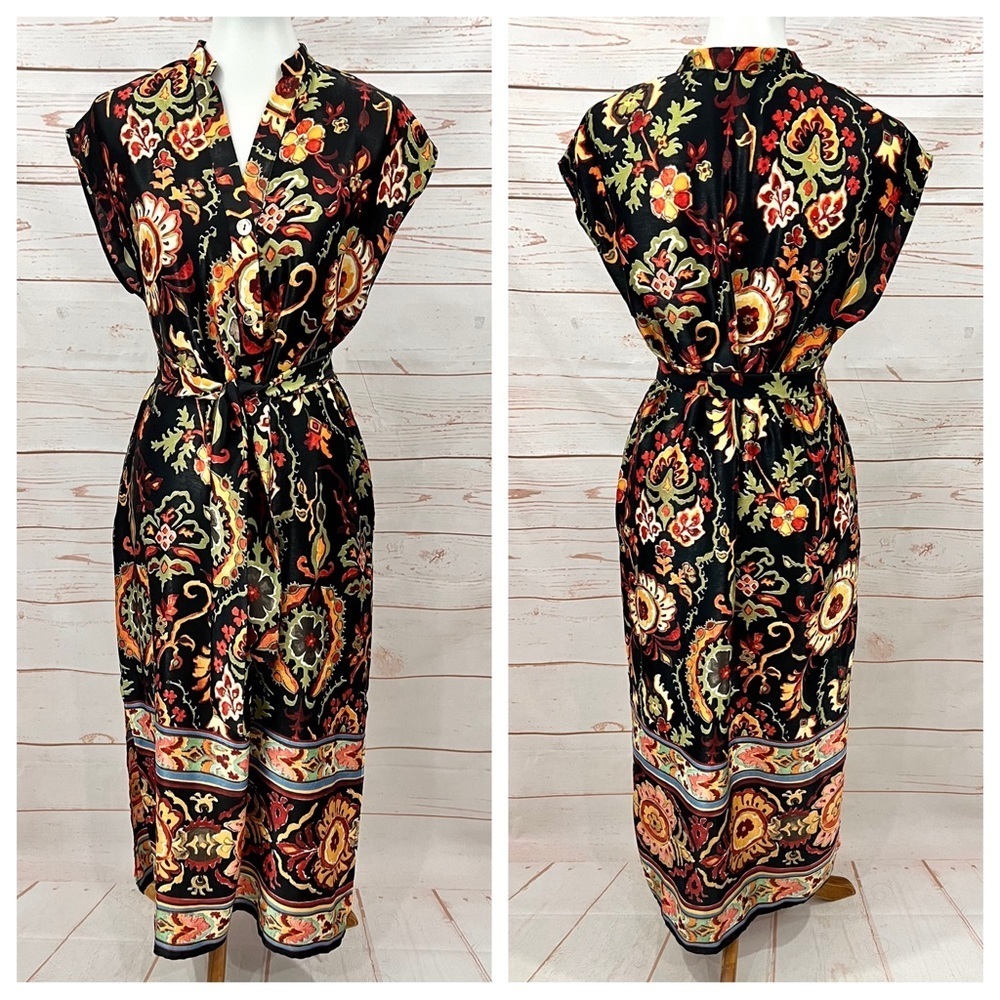 Zara Black Paisley Maxi Dress with Red, Yellow & Green Accents